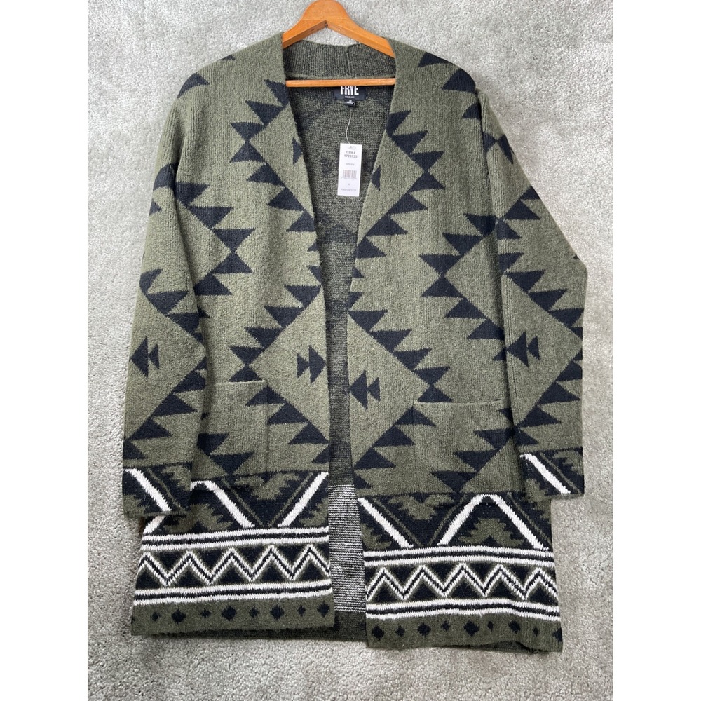 NEW Frye Cardigan Sweater Womens Medium Green Southwestern Geometric Open Front